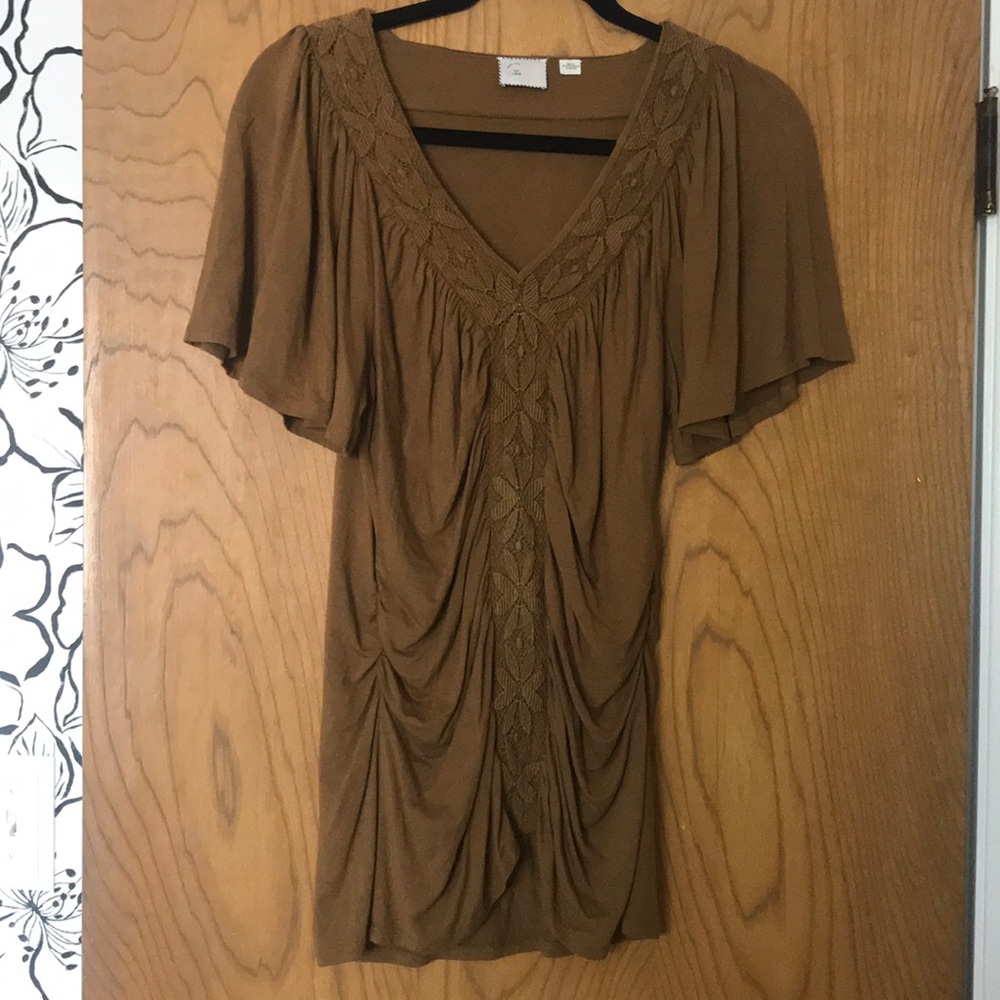 Anthropologie, L top, mustard w/ crochet detail.